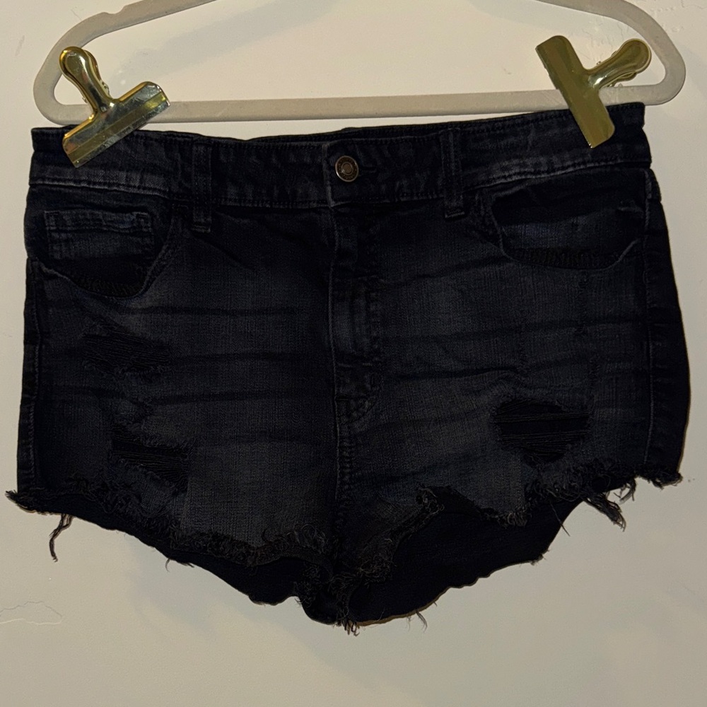 Distressed Black Denim Shorts